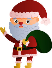 Santa claus with a bag of gifts waving and greetings