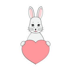 Cute bunny with a heart. Postcard for Valentine's Day. Element for the design of prints, posters, stickers, postcards. Vector illustration on white background