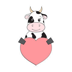 Cute cow with a heart. Valentine card in kawaii style. For the design of prints, posters, stickers, cards and so on. Vector illustration on white background