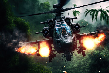 Helicopter gunship rains down missile and machine gun fire. Action scene. Made with Generative AI.	
