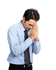 Corporate businessman, praying hands or hope on studio background for new job opportunity, sales deal or promotion. Prayer, hand gesture or worker employee on mockup backdrop in worship for good luck