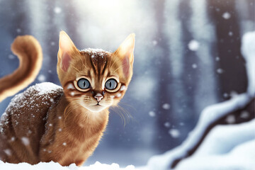 Abyssinian Kitten in snow, 3D render, Generative AI