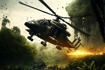 Helicopter gunship rains down missile and machine gun fire. Action scene. Made with Generative AI.	
