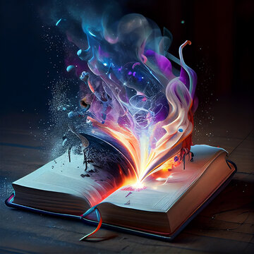 Magic coming out of an open book, symbolizing the power of reading, generative AI