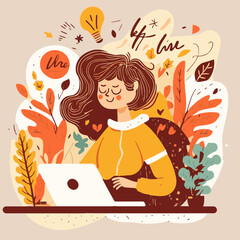 woman working on laptop from home, freelancer home office hygge concept