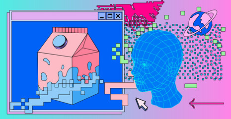 Collage of a user interface elements in vivid acid bold colors. Vector illustration for IT and data science subjects. 