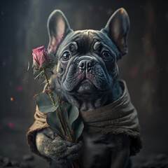 Bulldog francese felice con rose e sfondo rosa per san valentino