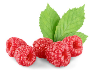 Ripe red raspberry with leaf