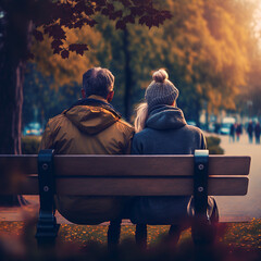 Coppia innamorata seduta su una panchina al tramonto vista da dietro - obrazy, fototapety, plakaty