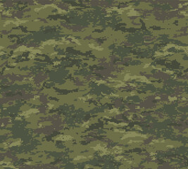 Woodland camouflage seamless pattern incorporating tiny pixels and geometrical shapes of light brown and olive green shades.