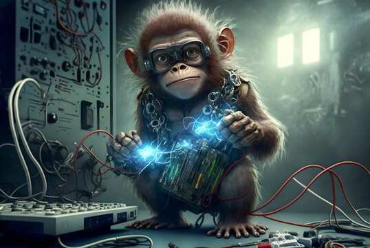 A monkey with electrical appliances.