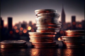 Fototapeta Money, finance and accounting with coins in a stack on a CGI or digital overlay background for investment. Stock market, inflation or trading with a coin pile of profit in the city for economy growth obraz