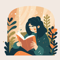young woman enjoy sitting reading book hygge concept vector illustration
