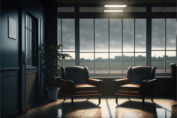 Dark waiting room interior with two armchairs and panoramic window