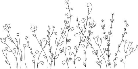 Vector drawn floral background. Abstract, fabulous bushes, flowers, climbing grass