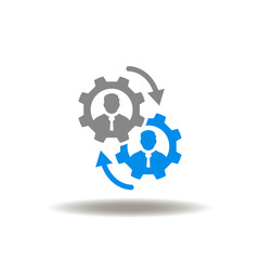 Vector illustration of gear mechanism with arrows and businessman. Icon of facilitator service. Symbol of partnership.
