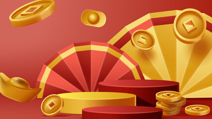 Chinese New Year display podium decoration background with chinese ornament. Vector 3D Illustration