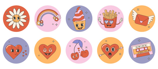 Trendy comic groovy valentines day sticker set. Cute and funny characters. Retro valentines day. 70s 60s aesthetics.