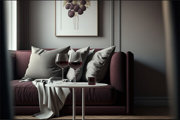 Mockup living room interior with wine red sofa ,table lamp and blank canvas.3d rendering