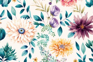 Fototapeta na wymiar Romantic floral watercolor pattern with beautiful colored flowers