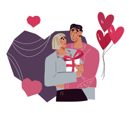 Woman and man in love for Valentine's day cards and posters design, flat vector illustration isolated on white background. Loving couple celebrating Valentine's day.