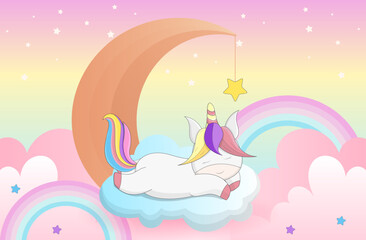 Beautiful unicorn on clouds with stars moon illustration, vector.