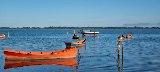 blue and orange canoe, moored on the lake or lagoon, on a beautiful sunny day and blue sky, trees in the background show the border between one city and another