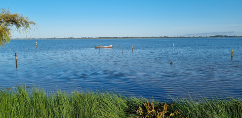 the simple life captured in a photo, fishermen's canoes on the lake amidst vegetation.
