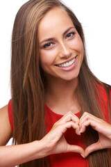Woman, happy and heart shape portrait or emoji for love sign, happiness and support in white...