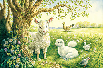Ostern Osterlamm Osterfest Kindermalerei Zeichnung Kinderbuch Cover Hintergrund Backdrop Generative AI Digital Art Illustration