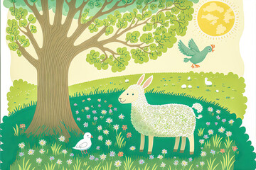 Ostern Osterlamm Osterfest Kindermalerei Zeichnung Kinderbuch Cover Hintergrund Backdrop Generative AI Digital Art Illustration