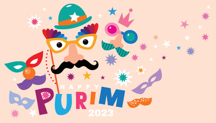 Happy Purim, jewish celebration  festive banner Carnival masks, confetti, joker, garland, hat, firework, harlequin  Purim Jewish festival concept  Vector illustration
