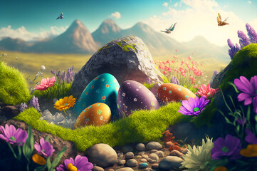 Easter Landscape with easter eggs. Created by Generative AI