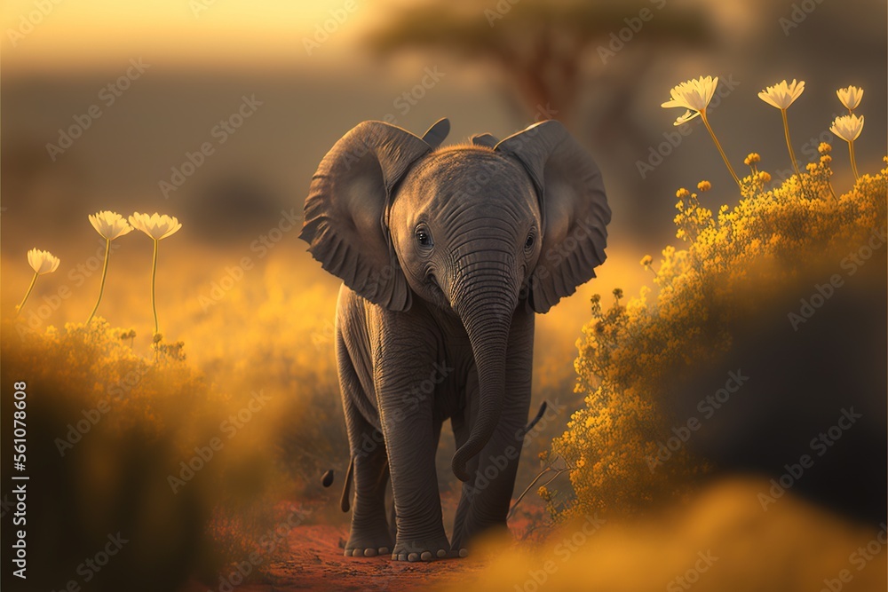 Poster an elephant walking down a path in a field of flowers at sunset with a tree in the background and a 