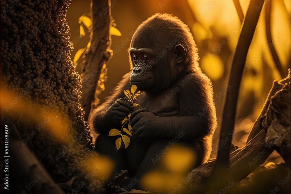 Poster a gorilla sitting in the middle of a forest holding a flower in its hands and looking at the camera 