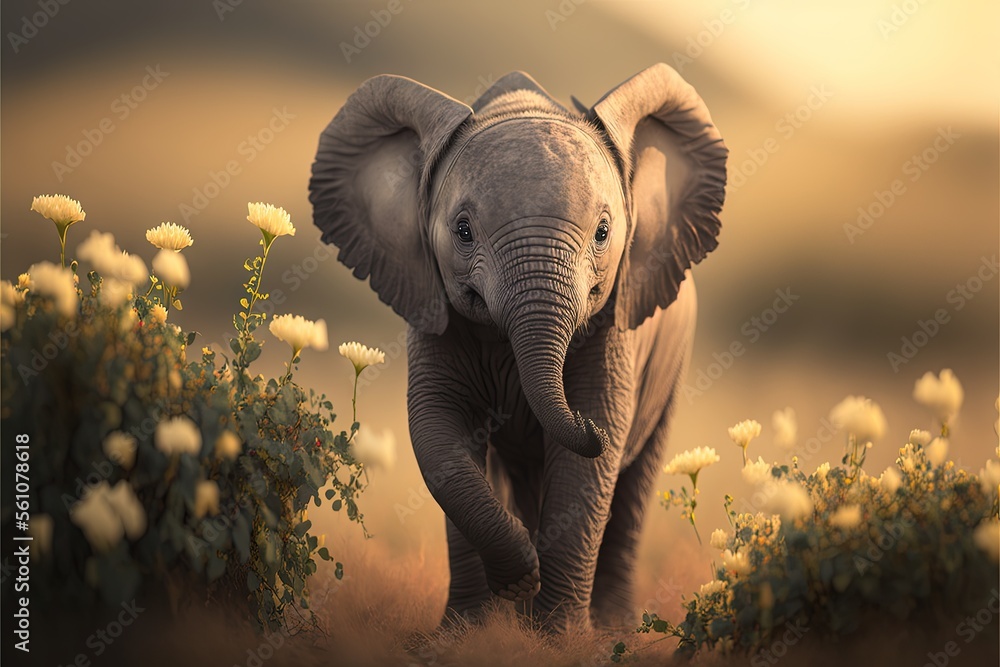 Poster a baby elephant walking through a field of flowers with a sky background and clouds in the backgroun