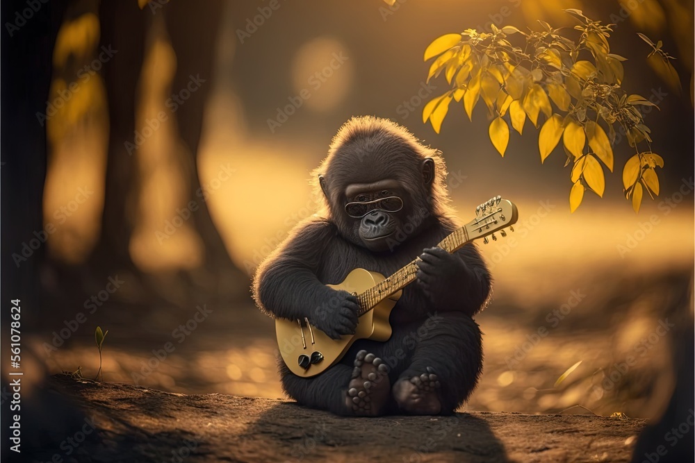 Poster a gorilla playing a guitar in the woods with a tree in the background and a sunbeam in the backgroun