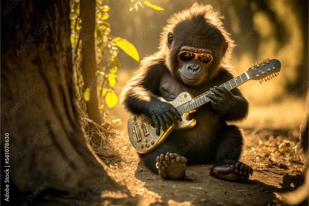 Poster a gorilla with a guitar in a forest setting with a tree in the background and a sunbeam in the foreg