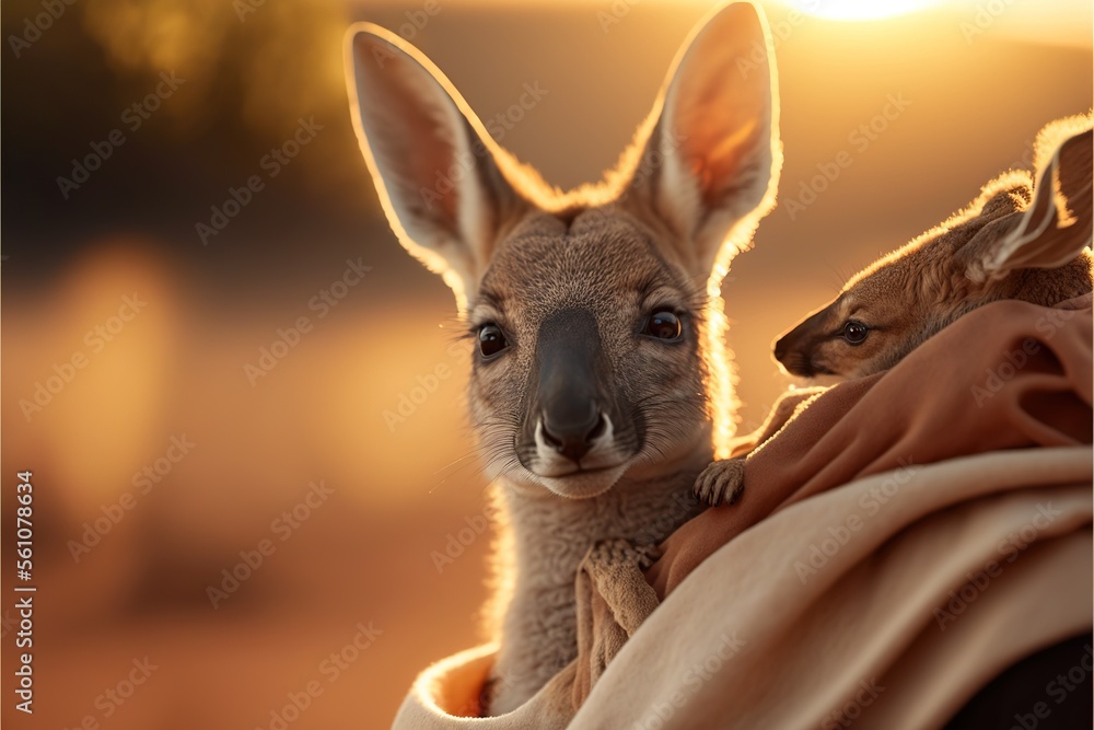 Poster a kangaroo and a kangaroo cub are pictured in this image, with the sun shining through the backgroun