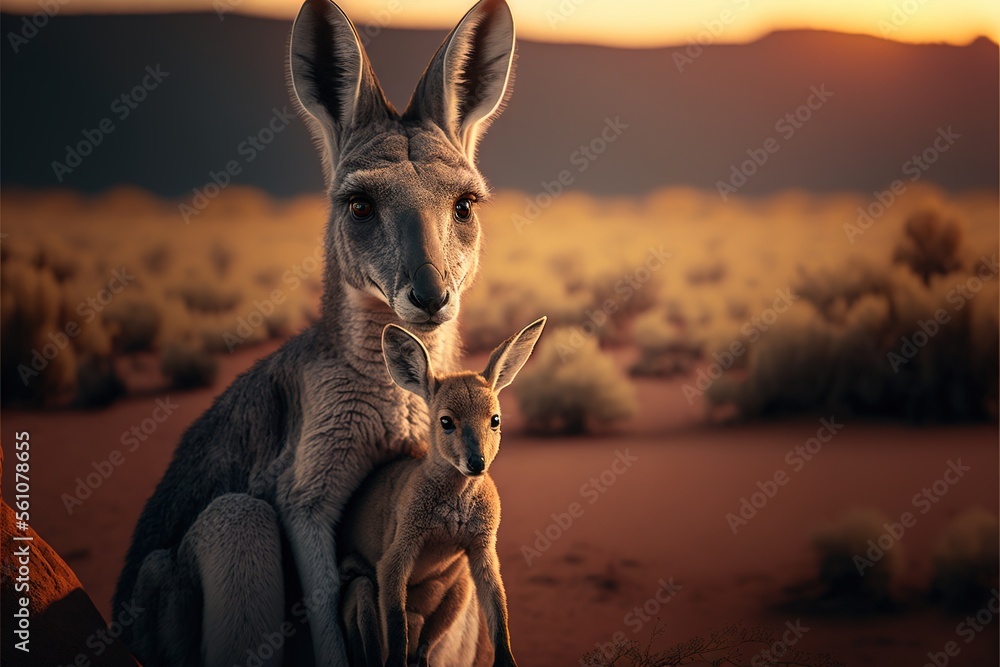 Poster a kangaroo and a kangaroo standing in a desert landscape at sunset with a kangaroo in the foreground