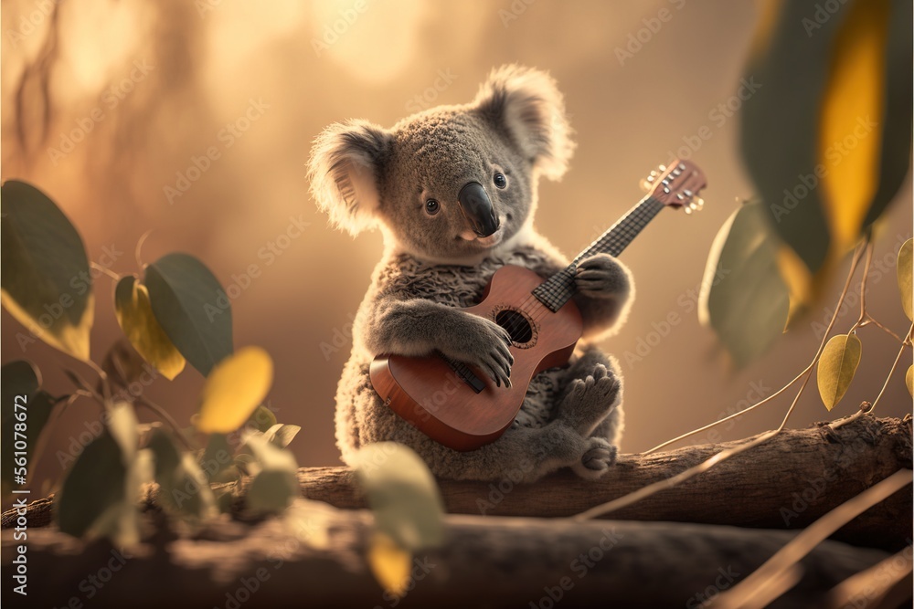 Poster a koala bear playing a guitar in a tree branch with leaves around it and a sunbeam in the background