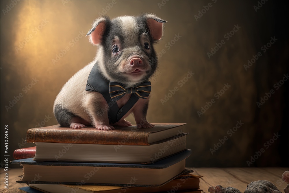 Poster a small pig wearing a bow tie sitting on a stack of books with a mouse nearby on a table with a gold