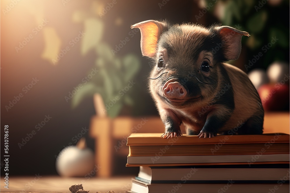 Poster a small pig sitting on top of a pile of books on a table next to a plant and a potted plant in the b