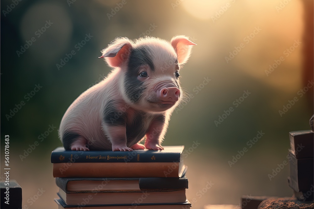 Poster a small pig sitting on top of a stack of books on top of a table next to a window and a lamp on a ta