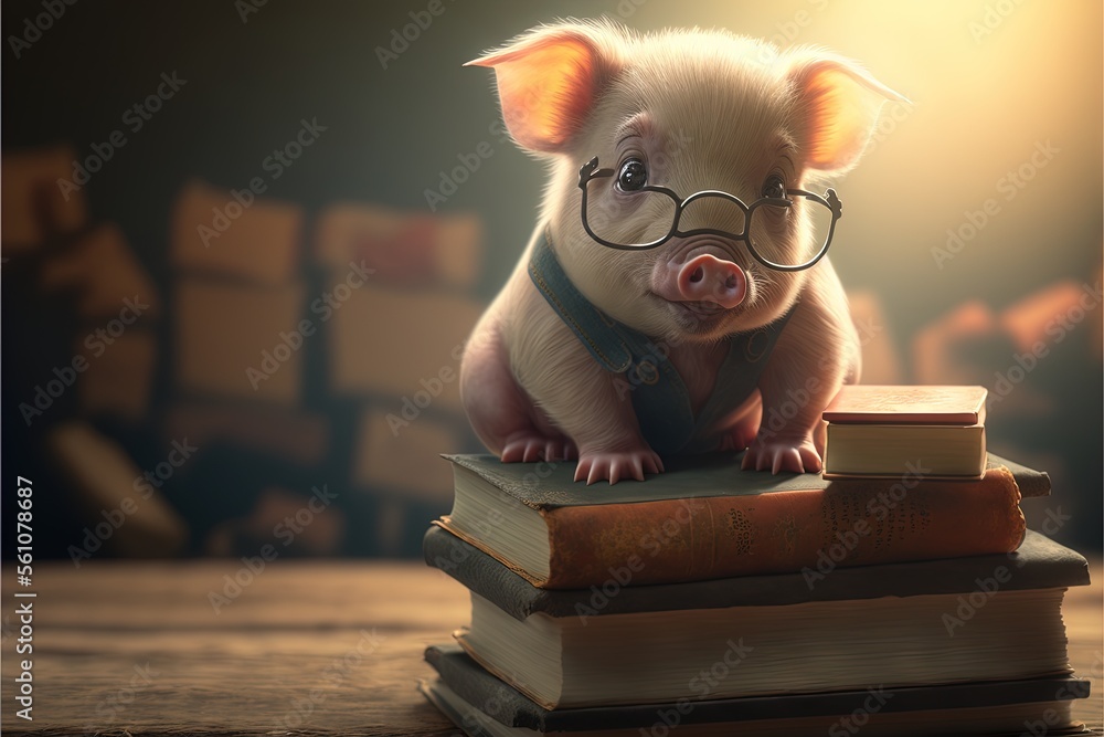 Poster a pig with glasses sitting on top of a stack of books on a table next to a stack of books with stack
