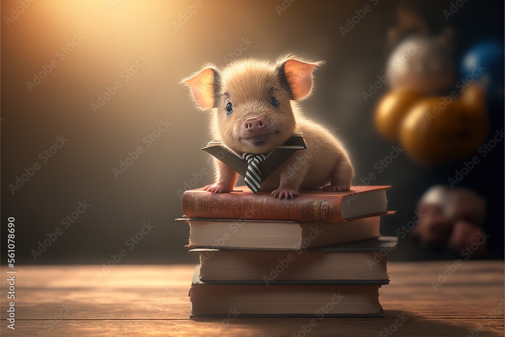 Poster a pig is sitting on a stack of books and wearing a tie and sitting on top of a book with a stuffed a