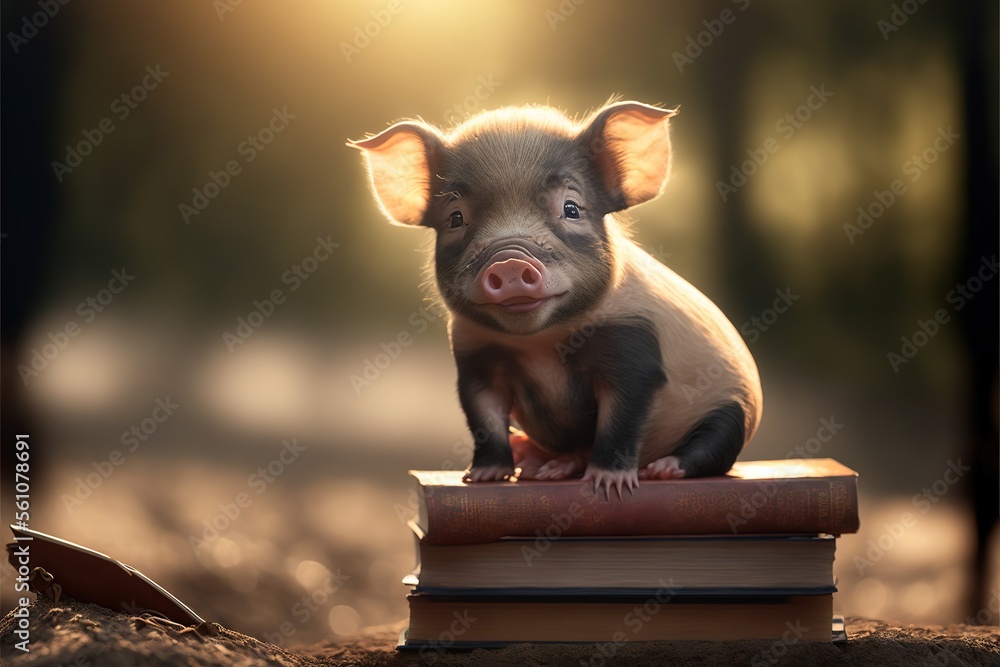 Poster a small pig sitting on top of a book on a table in a forest with a sun shining behind it and a blurr