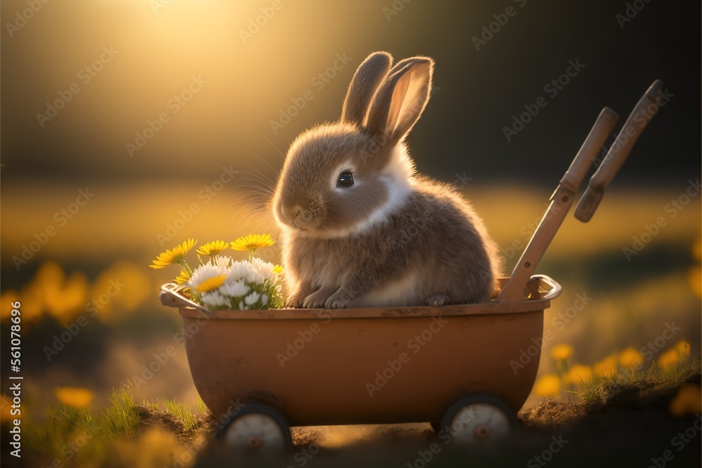 Aufkleber a rabbit sitting in a flower pot with a sun in the background and a flower pot with a bunny in it an