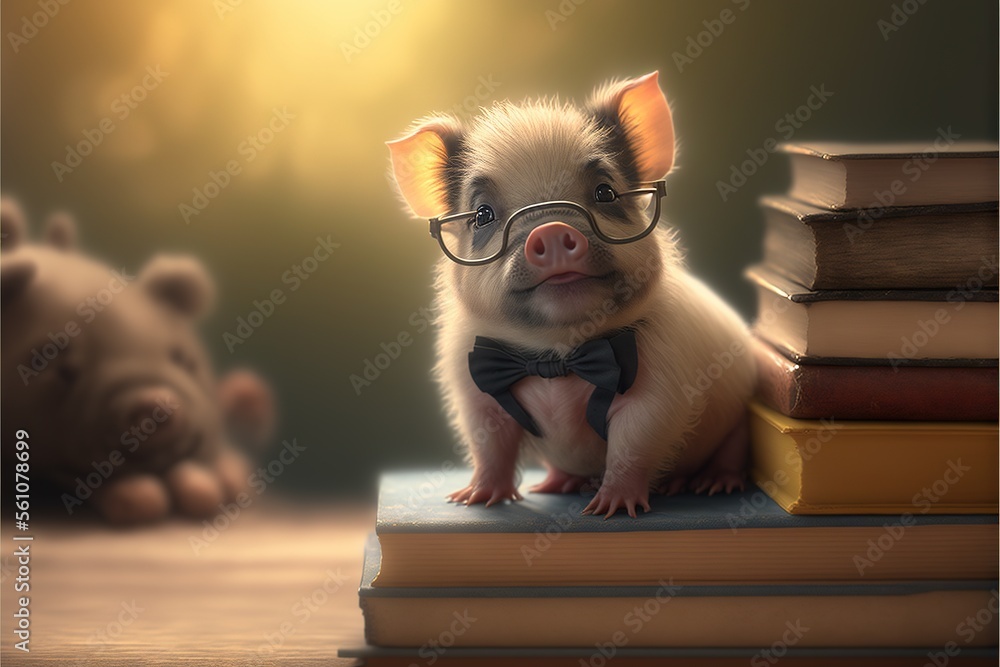 Poster a pig wearing glasses and a bow tie sitting on a stack of books with a pig in the background and a p