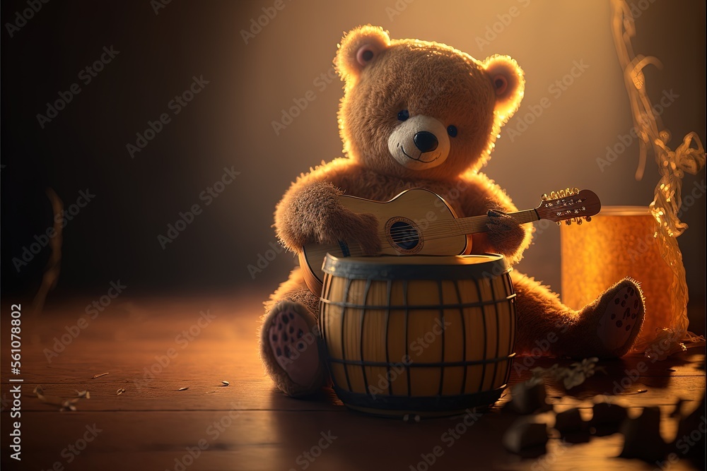 Poster a bear playing a guitar in a barrel of wine on a table with a candle and a string of beads around it